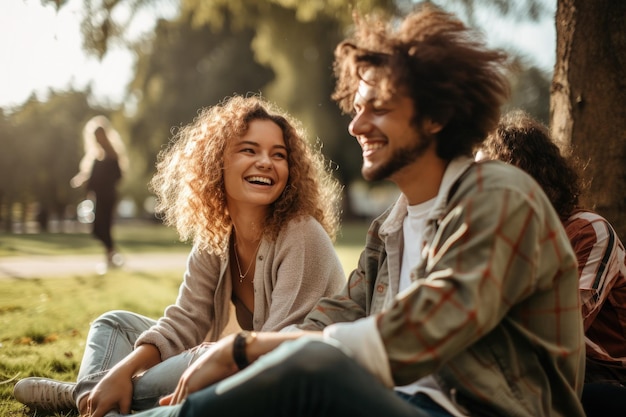 Um homem e uma mulher sentados no chão rindo