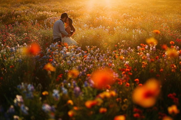 um homem e uma mulher sentados num campo de flores