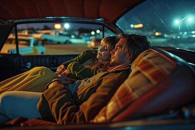 Foto um homem e uma mulher sentados num carro