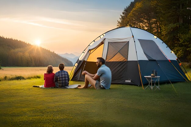 Um homem e uma mulher sentam-se em frente a uma tenda com um pôr do sol ao fundo.
