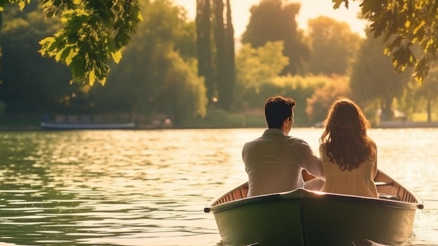 Um homem e uma mulher sentam-se pacificamente num barco num lago tranquilo, cercados por uma serena beleza natural.