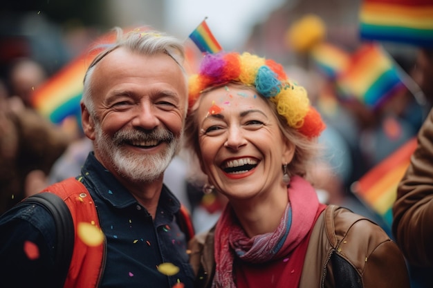 Um homem e uma mulher sorriem para a câmera em um desfile.