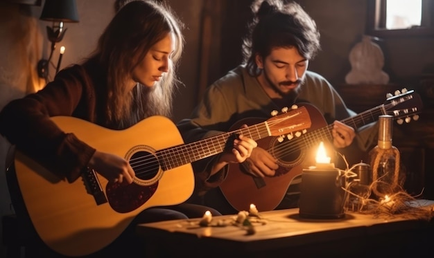 Um homem e uma mulher tocando violão em um quarto escuro.