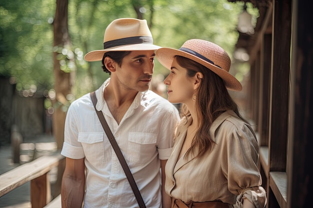 Um homem e uma mulher usando chapéus olhando um para o outro Generative Ai