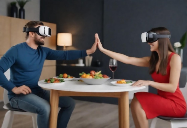 um homem e uma mulher usando óculos de realidade virtual estão sentados em uma mesa com comida e bebidas