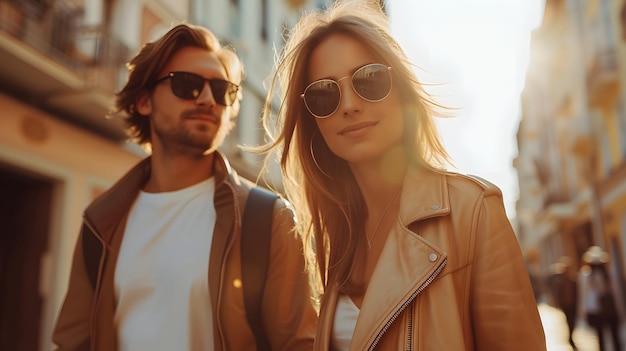 Um homem e uma mulher usando óculos de sol e casacos estão andando e fazendo compras em uma rua europeia