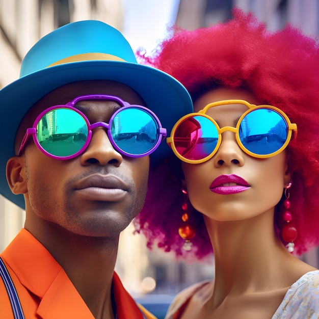 Um homem e uma mulher usando óculos escuros coloridos e um chapéu estão um ao lado do outro.
