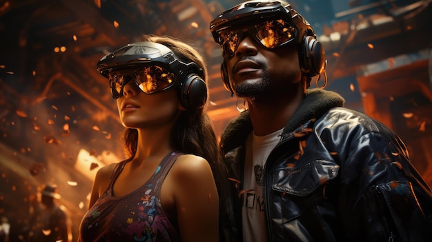 um homem e uma mulher usando óculos VR em um ambiente futurista gerado por IA
