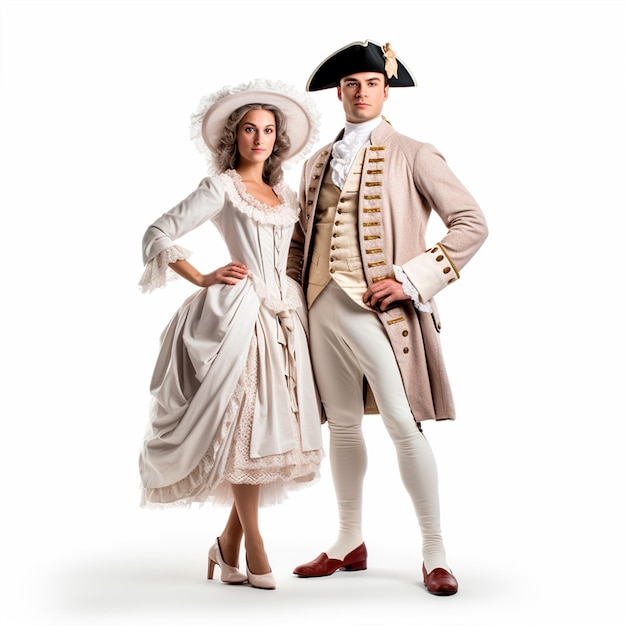 um homem e uma mulher vestidos com roupas do século 18 posam e olham para a câmera