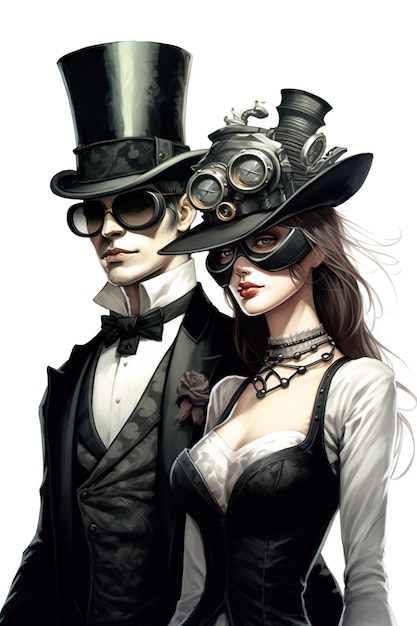 Um homem e uma mulher vestidos com roupas steampunk Imagem generativa de IA