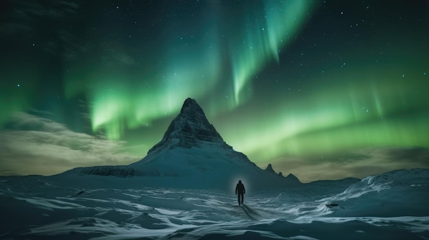 Um homem e uma pegada em uma montanha de neve sob a aurora boreal no inverno