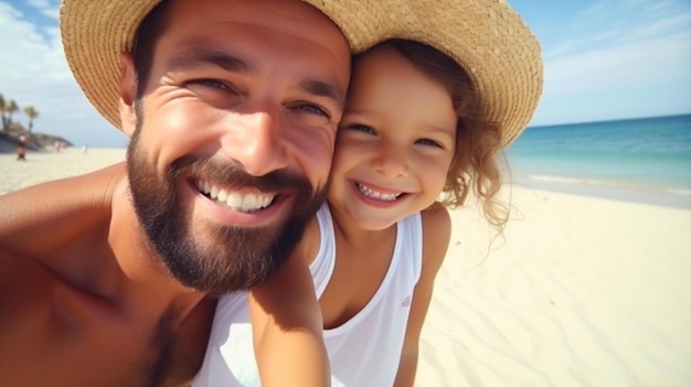 Um homem e uma rapariga na praia com um chapéu que diz feliz