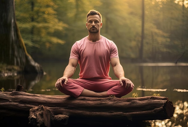 um homem é visto sentado em um tronco enquanto faz meditação de ioga ao ar livre no estilo romântico