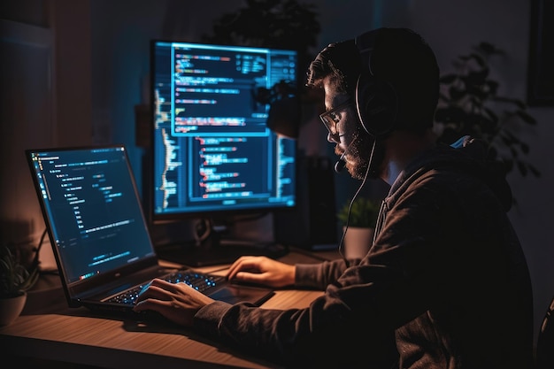 Um homem é visto sentado na frente de um computador portátil envolvido em trabalho ou outras atividades Pessoa codificando um software complexo em uma sala escura AI Gerado