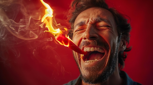 Um homem é visto sobre um fundo vermelho ejetando chamas depois de morder uma representação de pimentas vermelhas de alimentos picantes depois de comer afetam e espaço IA generativa