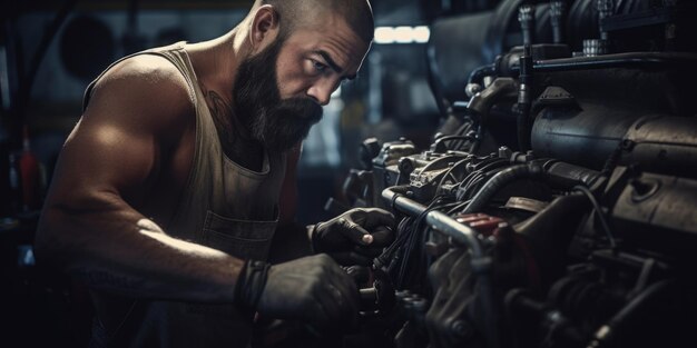 Foto um homem é visto trabalhando em um motor em uma garagem adequada para a indústria automotiva