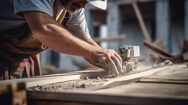 Um homem é visto trabalhando em um pedaço de madeira adequado para carpintaria ou projetos DIY