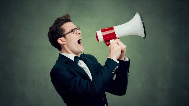 Um homem elegante a gritar num megafone.