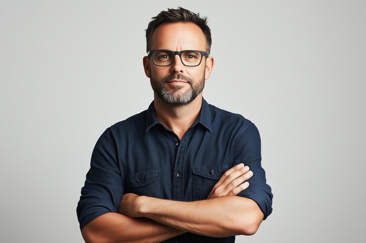 Foto um homem elegante com cabelo curto e barba usando óculos fica contra um fundo branco