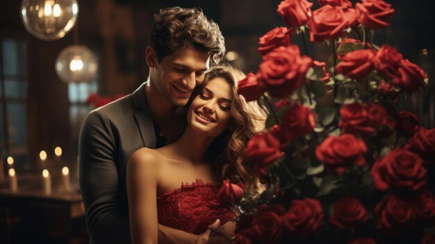 Um homem elegante e bonito está segurando rosas e cobrindo os olhos de sua namorada.