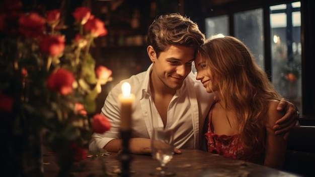 Um homem elegante e bonito está segurando rosas e cobrindo os olhos de sua namorada.