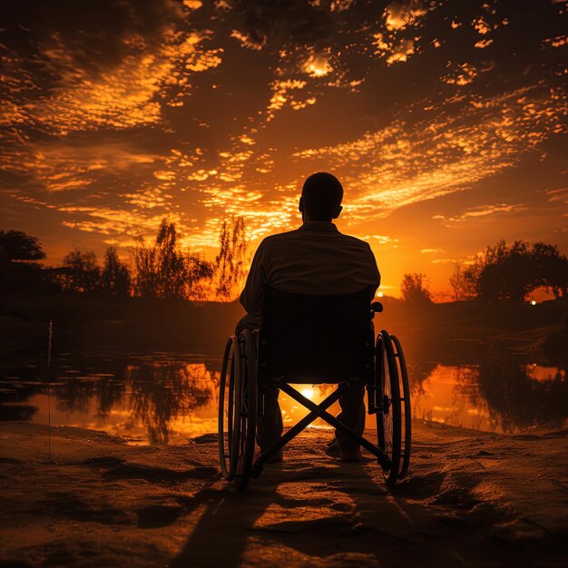 Um homem em cadeira de rodas está sentado na frente de um pôr-do-sol