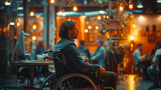 Um homem em cadeira de rodas senta-se num restaurante com outras pessoas