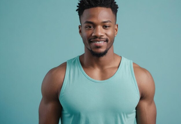 Um homem em forma com uma camisola verde fica confiantemente contra um fundo azul-azul sua expressão é