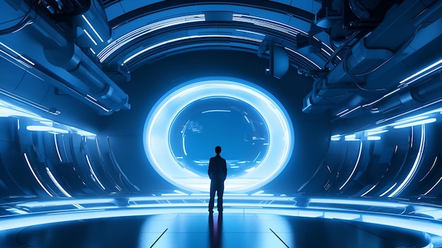 Um homem em frente a uma tecnologia futurista com sistema de design limpo em azul hipnotizante
