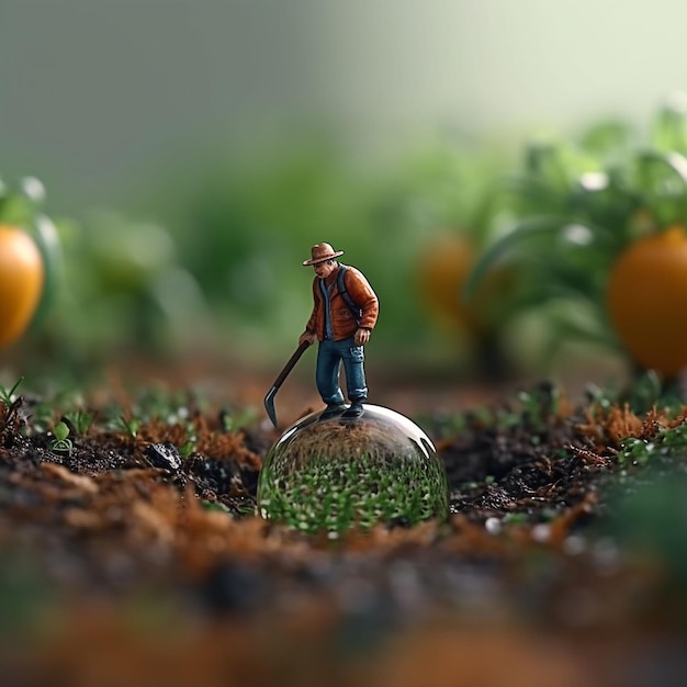 Foto um homem em miniatura está de pé sobre um pequeno objeto redondo no meio de um jardim.