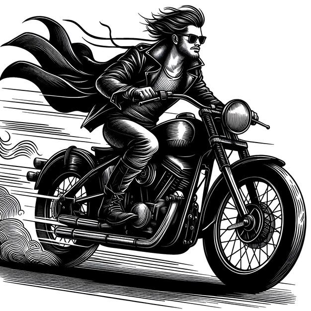 Um homem em motocicleta com um antigo estilo de arte de gravura