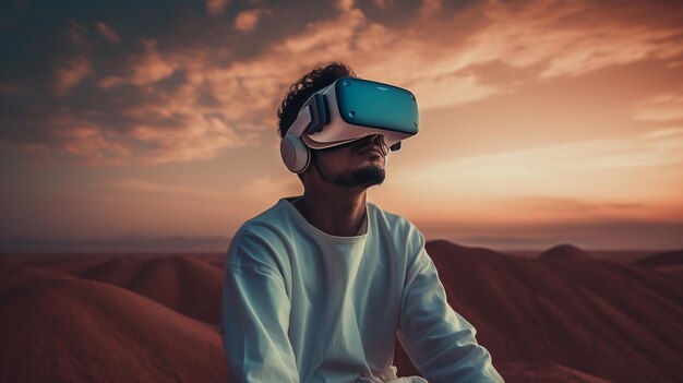 Um homem em óculos de realidade virtual em um mundo futurista alucinante generativo ai