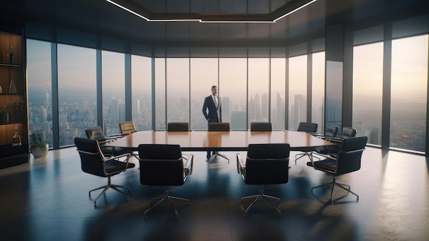 Um homem em pé em uma sala de conferências com uma grande mesa e uma paisagem urbana ao fundo.