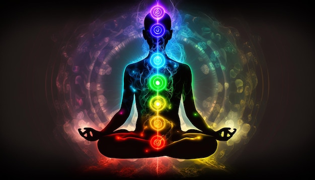 Foto um homem em posição de lótus com os sete chakras à esquerda.