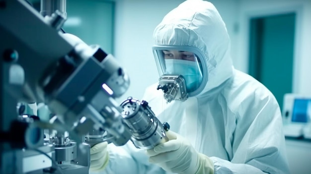 Um homem em roupas de proteção trabalhando em equipamentos Design industrial de sala limpa farmacêutica produção química em larga escala em condições estéreis controladas Ilustrador AI generativo