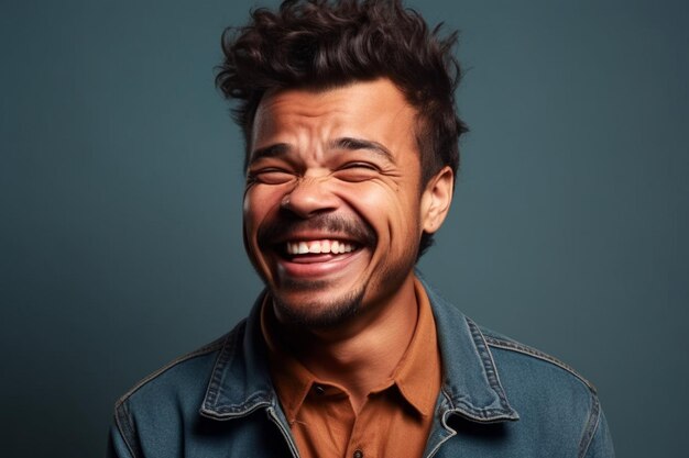 um homem em sessão de fotos de fundo de cor sólida com expressão de riso