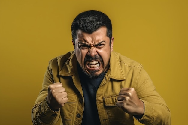 um homem em sessão de fotos de fundo de cor sólida com expressão facial de raiva