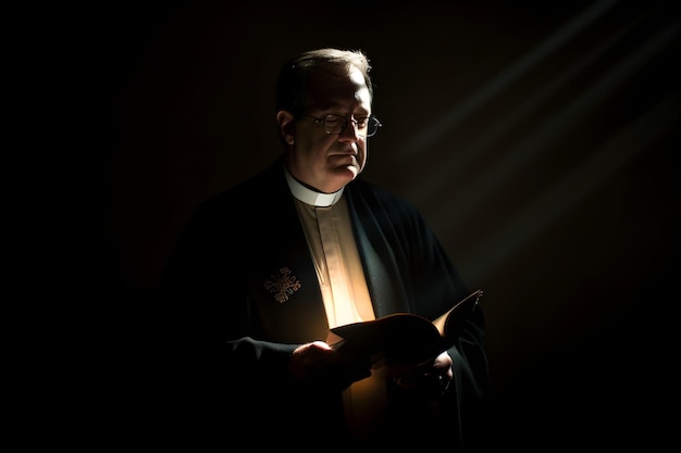 Foto um homem em traje de padre segura uma bíblia no escuro.