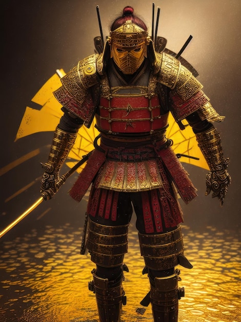 Um homem em traje de samurai com um laço amarelo e preto na cabeça.