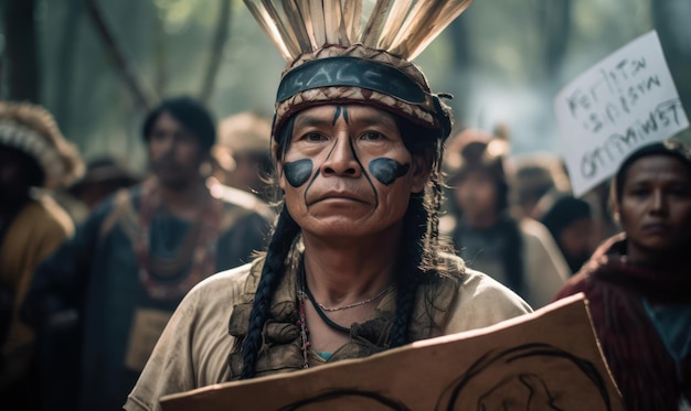 Um homem em traje nativo americano está na frente de uma multidão.