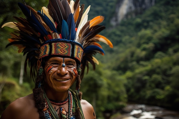 Foto um homem em traje nativo está parado em frente a uma montanha.