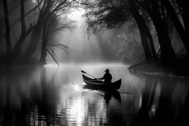 Um homem em um barco em um lago com o sol brilhando por entre as árvores.