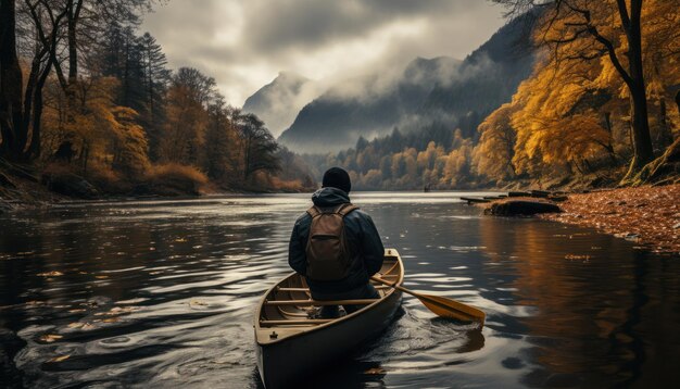 um homem em um barco remando em um lago durante o outono