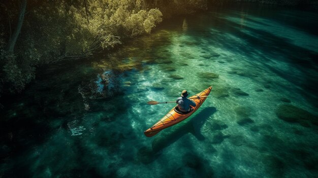 Um homem em um caiaque está flutuando em um rio azul claro generative ai