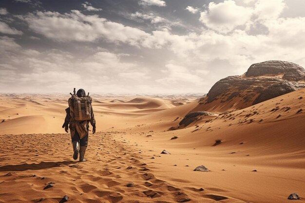 Um homem em um camelo caminha pelo deserto.