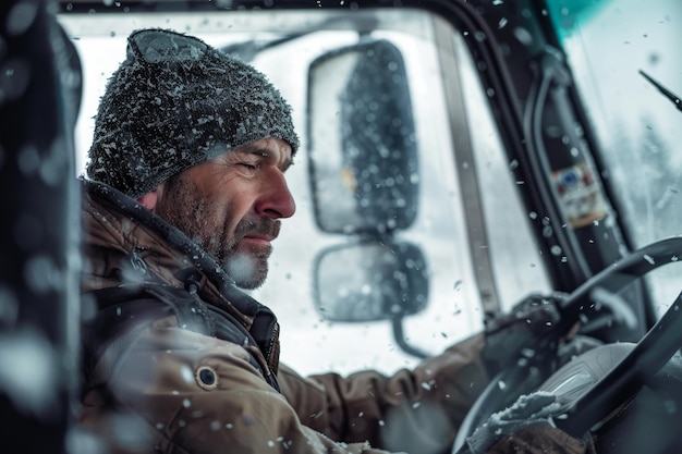 Um homem em um caminhão está dirigindo na neve com o chapéu vestido