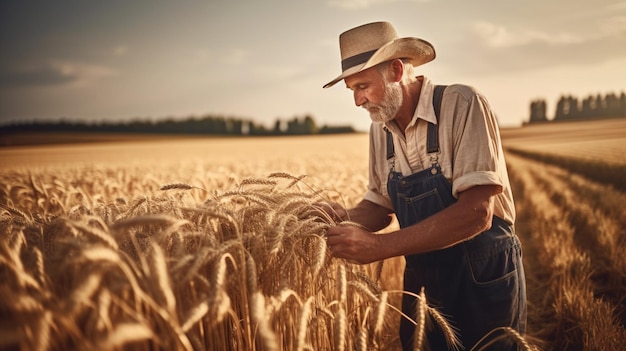 Um homem em um campo de trigo olha para a câmera.