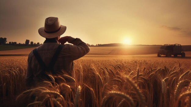 Um homem em um campo de trigo olha para o pôr do sol