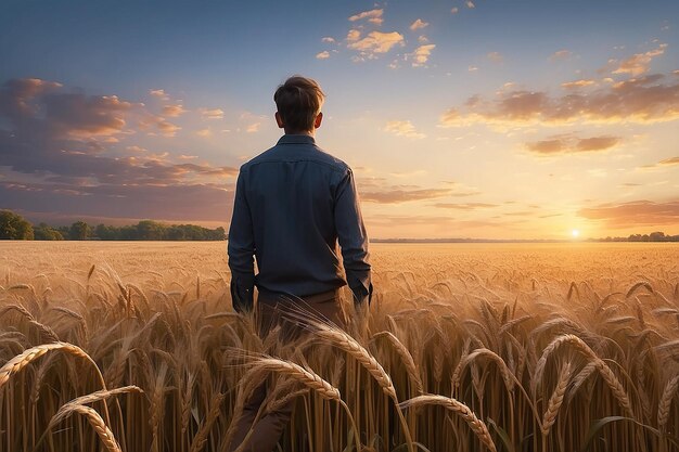 Um homem em um campo de trigo olha para o pôr-do-sol