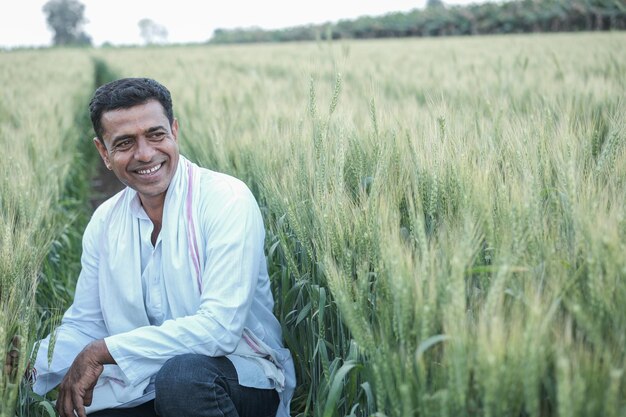 Um homem em um campo de trigo sorri em pé em um campo